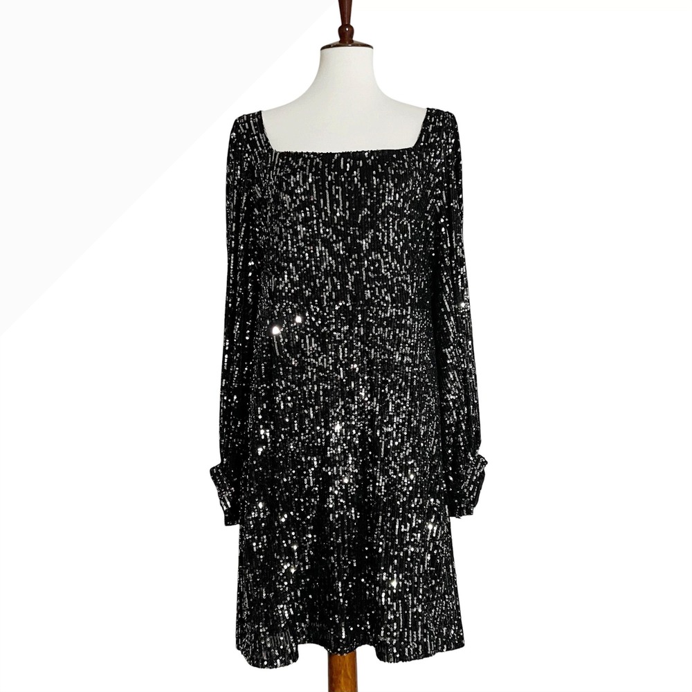 Scoop Black Sequin Square Neck Long Sleeve Mini Dress XL 16-18 SS-436 Holiday